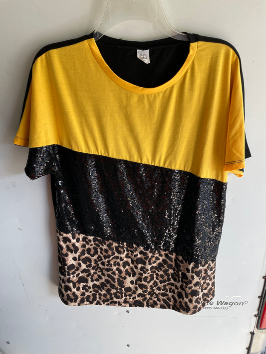 Yellow, Black Sequin and Leopard Top