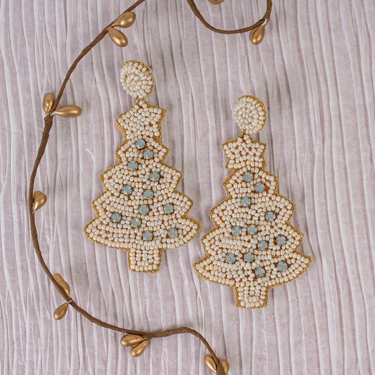 White Beaded Christmas Tree Earrings