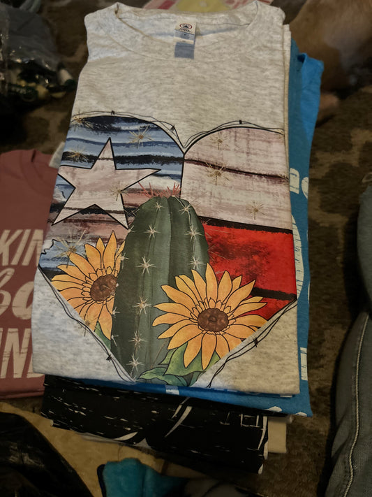 Grey Tee w/ Heart Tx Flag w/ Cactus