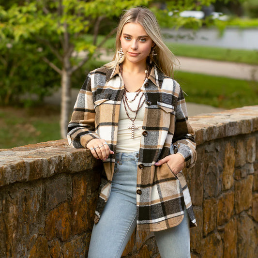 Black and Tan Plaid Shacket with Pockets