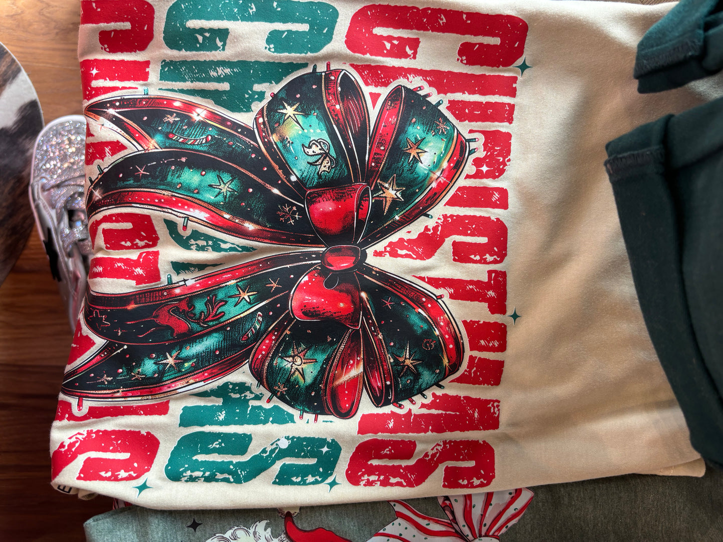 Beige with Red and Green Christmas Bow Graphic Tee