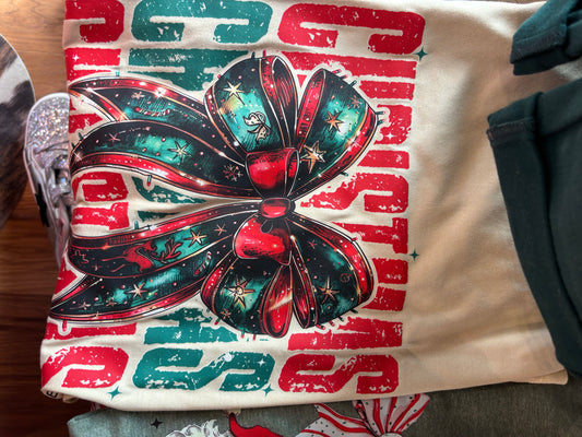 Beige with Red and Green Christmas Bow Graphic Tee