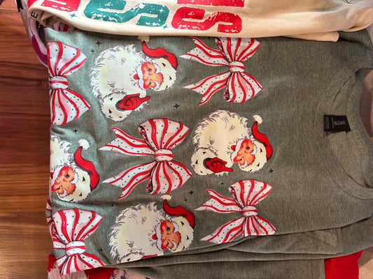 Olive Green Santa and Christmas Bow Graphic Tee
