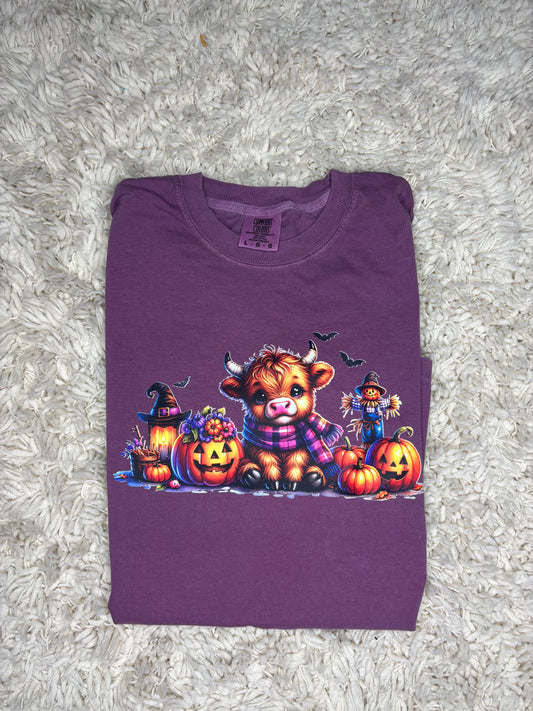 Berry Graphic Tee with baby Highland and Pumpkins