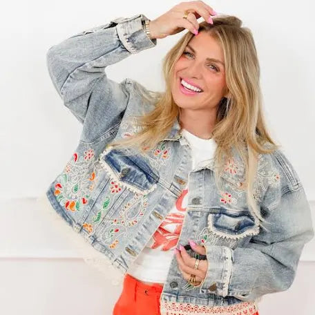 POL Beaded and Sequence Denim Jacket with Lace