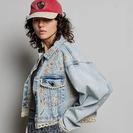 POL Beaded and Sequence Denim Jacket with Lace