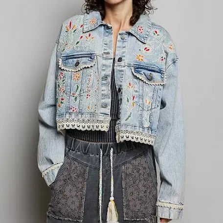 POL Beaded and Sequence Denim Jacket with Lace