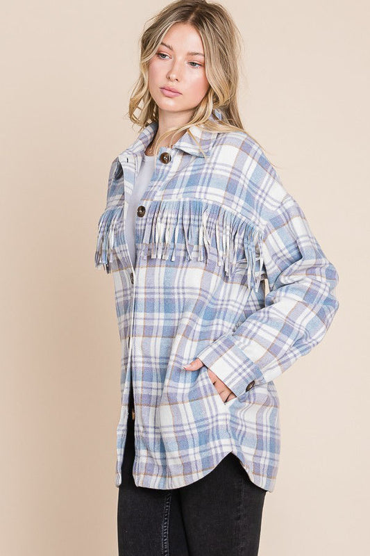 Blue Plaid Shacket with Fringe