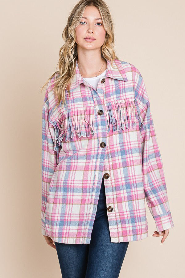 Pink Plaid Shacket with fringe