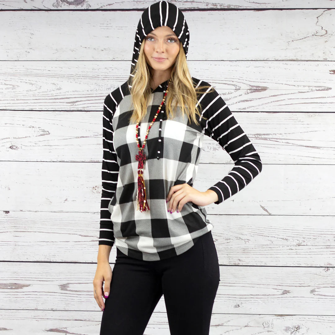 Black & White Plaid Hoodie with striped sleeves