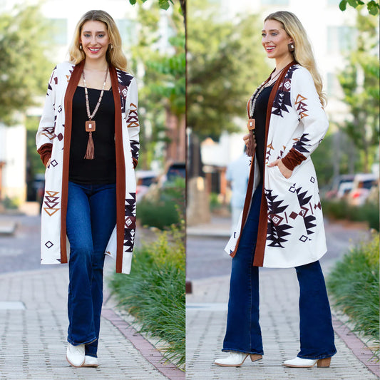 Aztec Print Long Cardigan