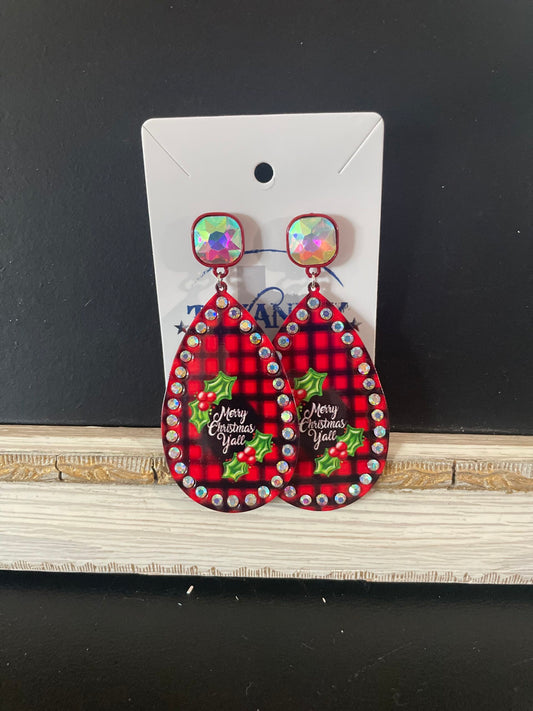 "Merry Xmas Yall" earrings with AB stone Red Plaid/Black Plaid/Leopard