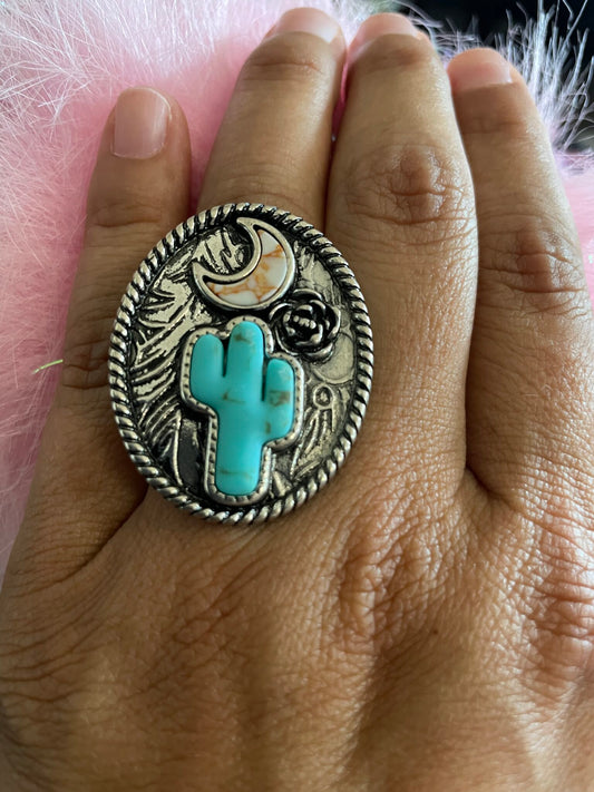 Adjustable Silver Ring with Turquoise Cactus