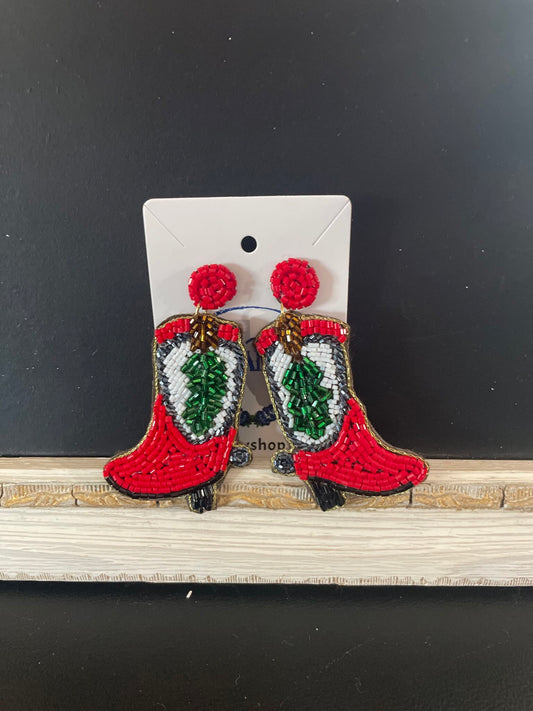 Beaded Boot earrings Red w/Holly