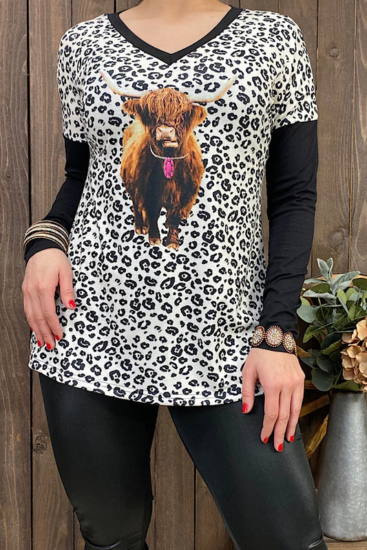 Black and White Leopard Long Sleeve with Highland Cow