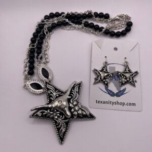 Black and Silver Star Necklace with Matching Earrings