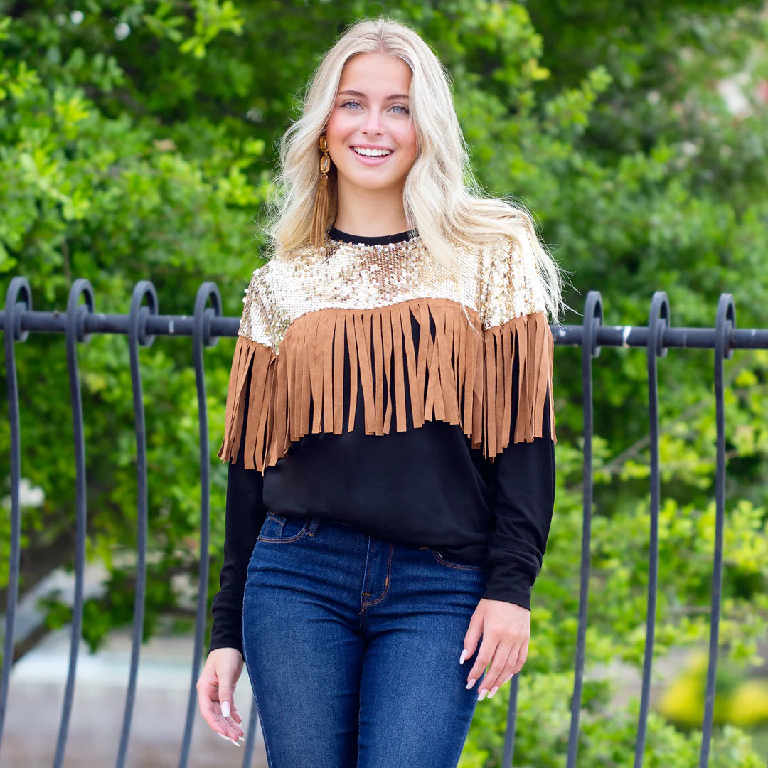 Black Long Sleeve with Gold Sequin and Tan Fringe