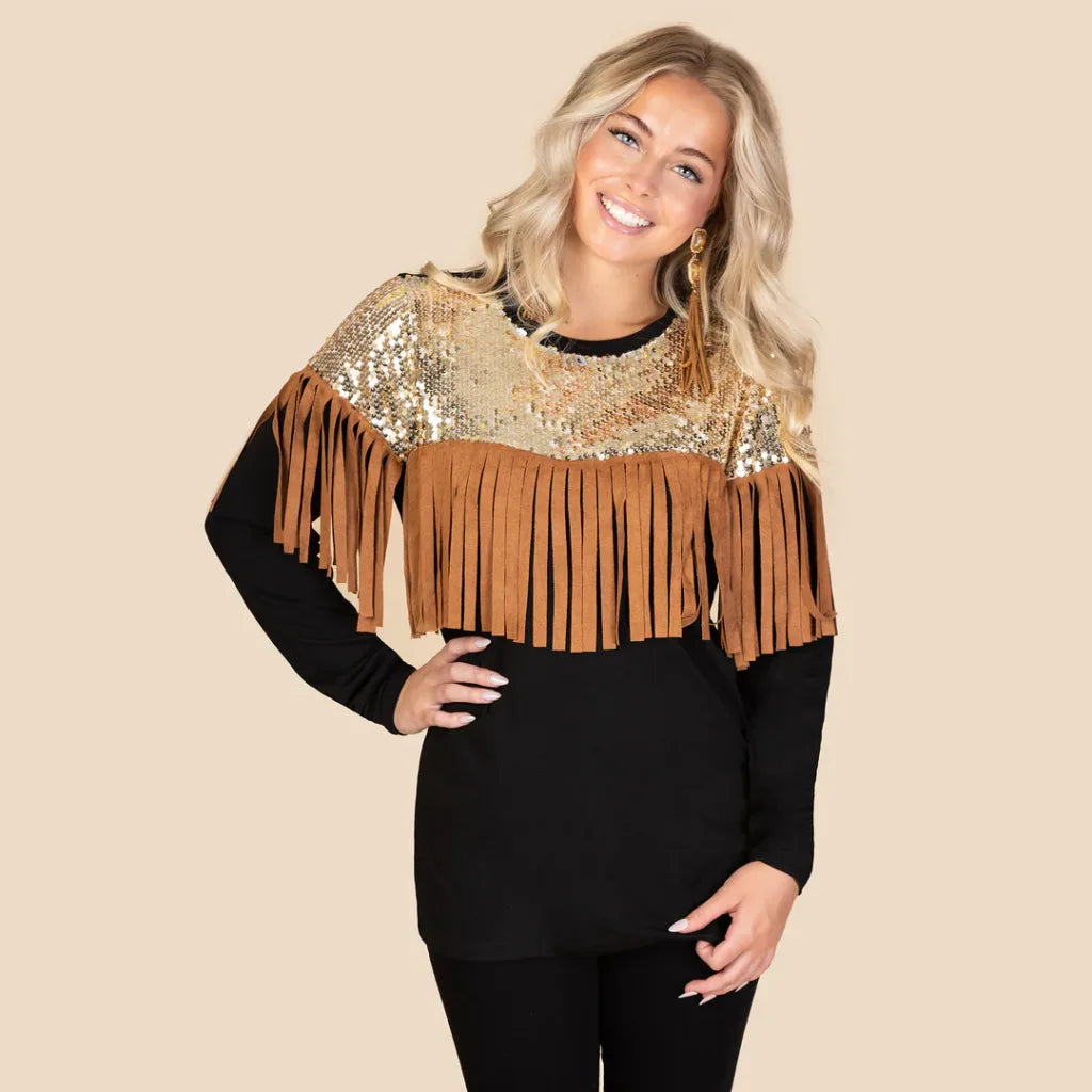 Black Long Sleeve with Gold Sequin and Tan Fringe