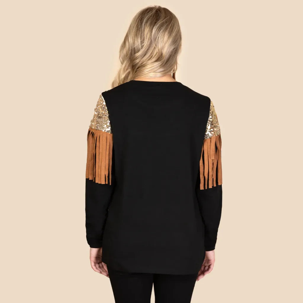 Black Long Sleeve with Gold Sequin and Tan Fringe