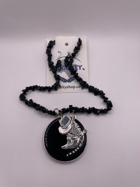 Black Necklace with Silver Cowboy Boot with Matching Earrings