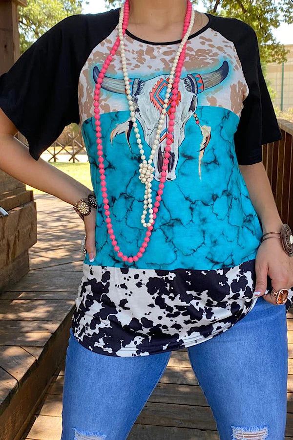 Black/turquoise & cow bull skull printed top