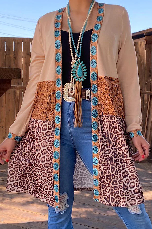 Tan Cardigan with Blue Concho and Leopard Design