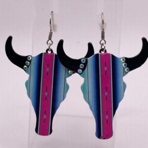 Blue and Pink Striped Blingy Cow Skull Dangle Earrings