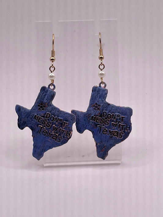 Blue Don’t Mess with Texas Pearl Dangle Earrings