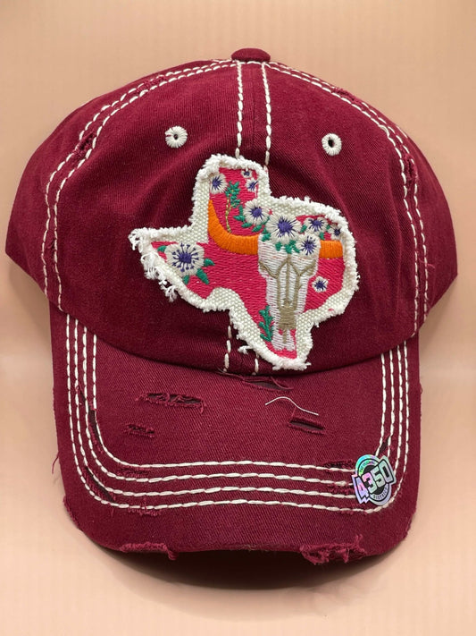 Burgandy Floral Texas Baseball Cap