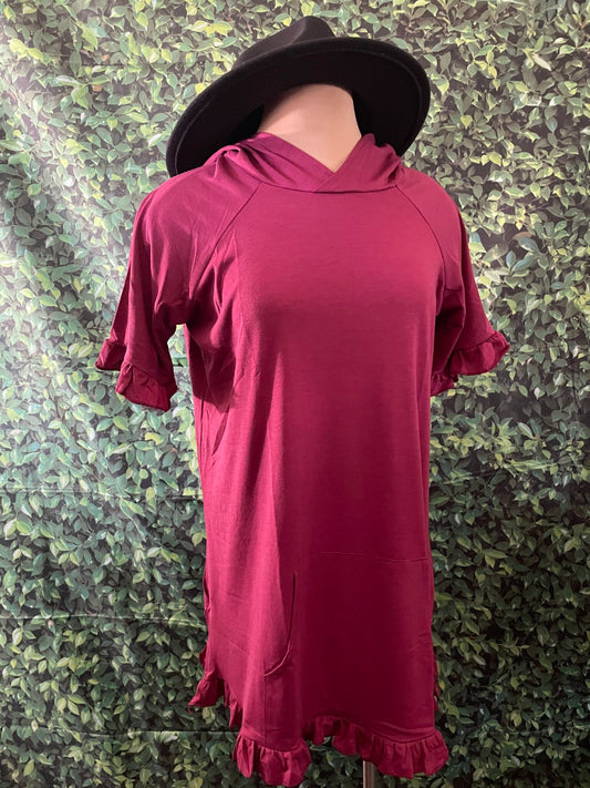 Burgundy Short Sleeve Ruffle Hoodie