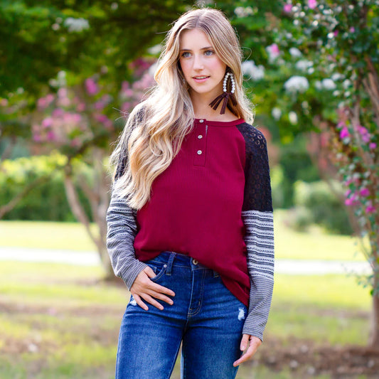 Burgundy Top w/ Black Lace and Striped Sleeves