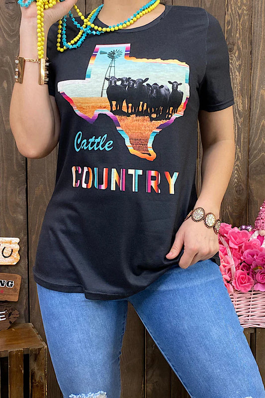 CATTLE COUNTRY Texas cow printed black top