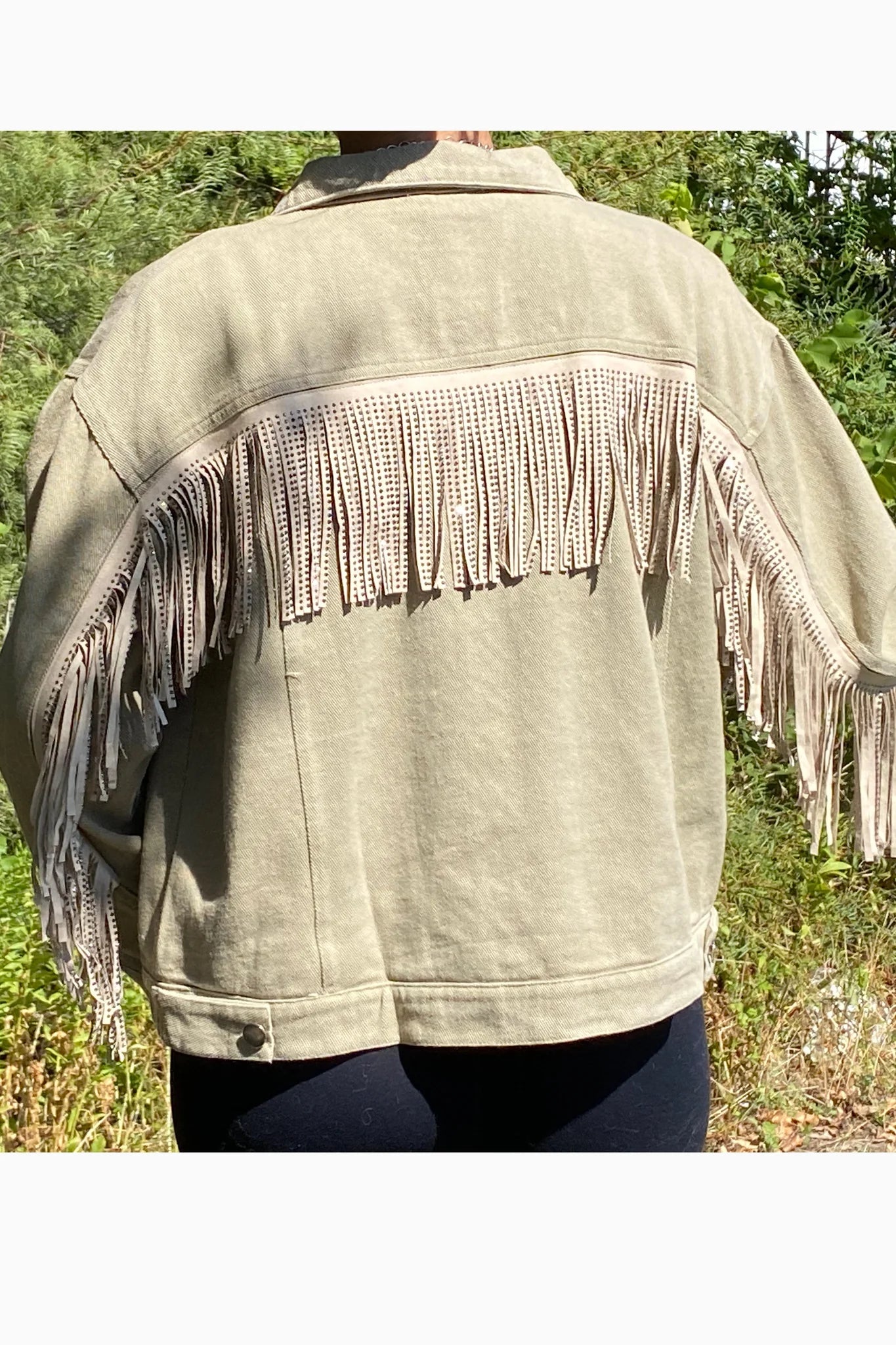 Tan Denim Jacket with Rhinestone Fringe