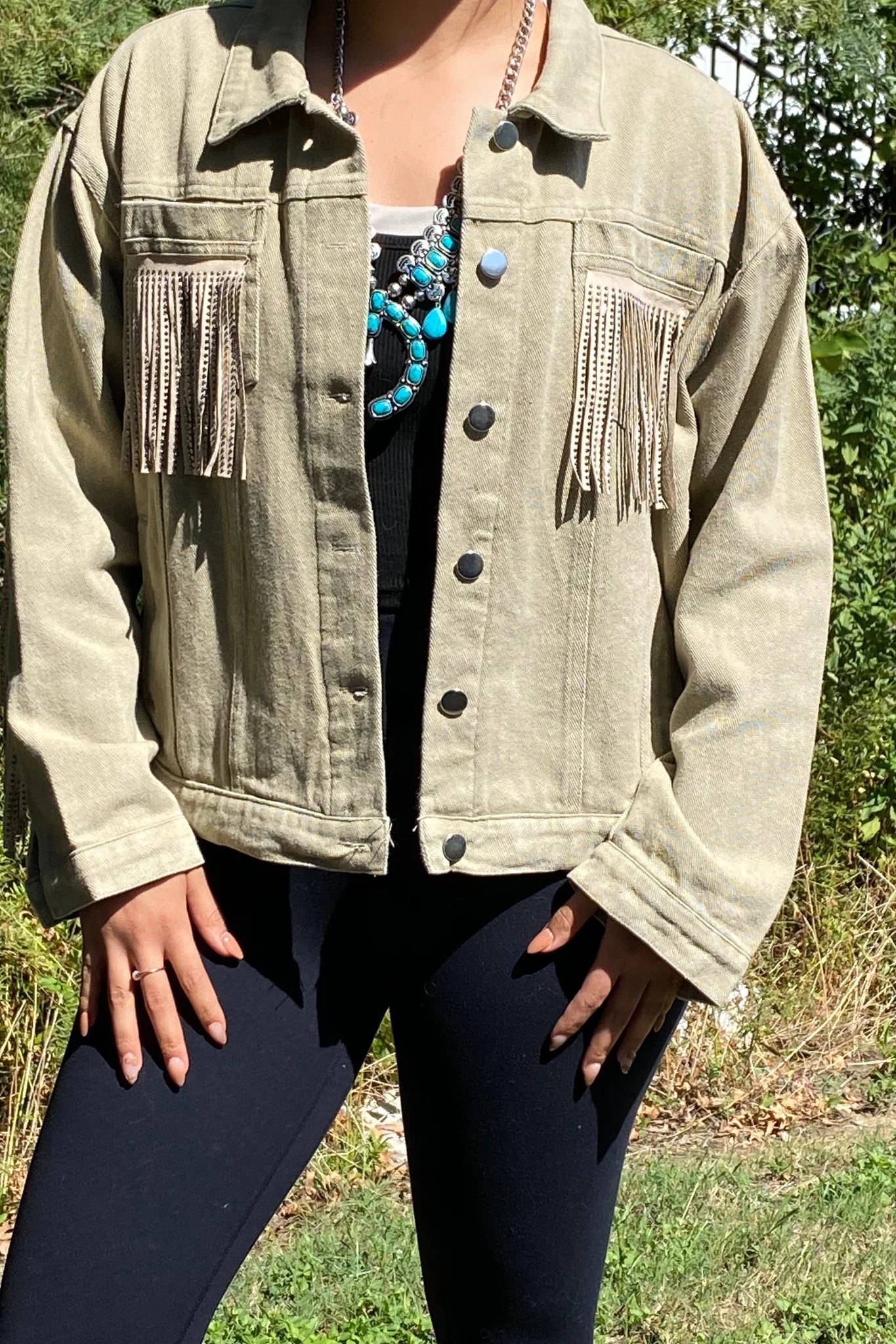 Tan Denim Jacket with Rhinestone Fringe