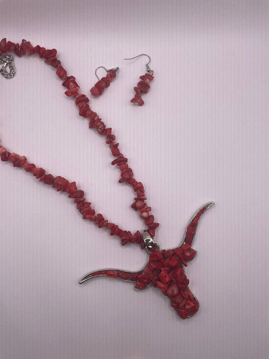 Red Cow Skull Necklace/Earring Set