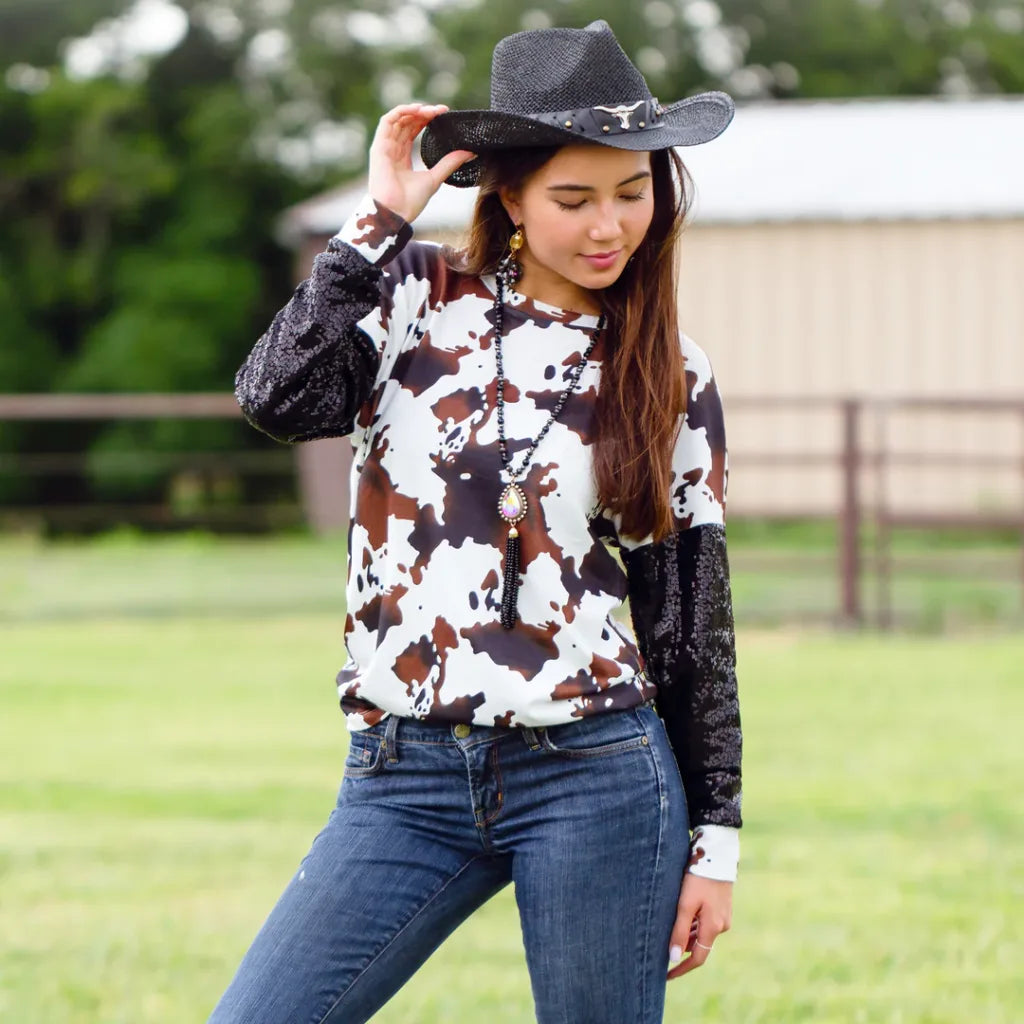 Cow Print with Sequin Long Sleeve