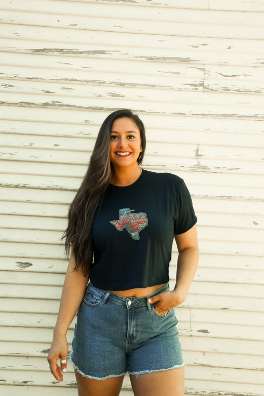 Dark Blue Crop Top with Teal State of Texas