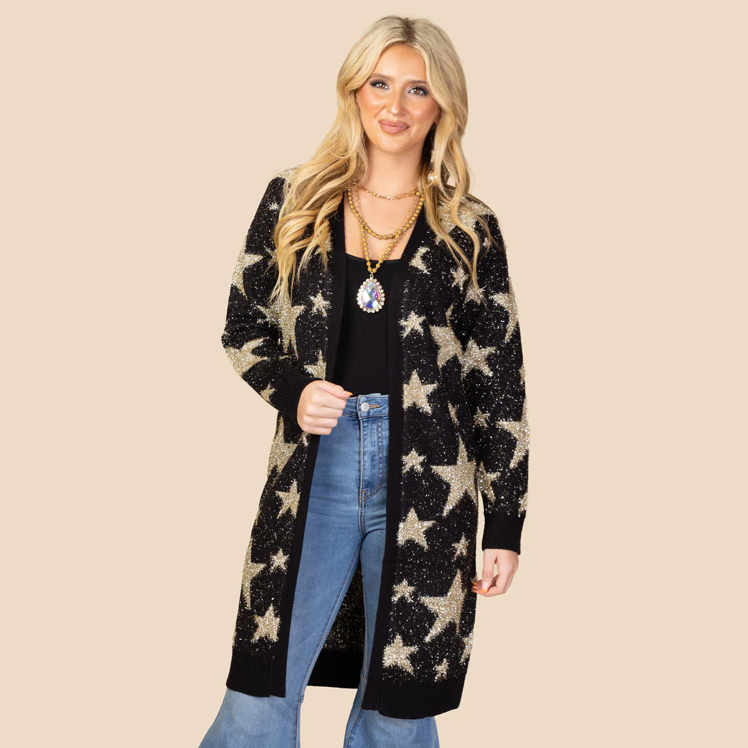 Fuzzy Gold Star Black Cardigan