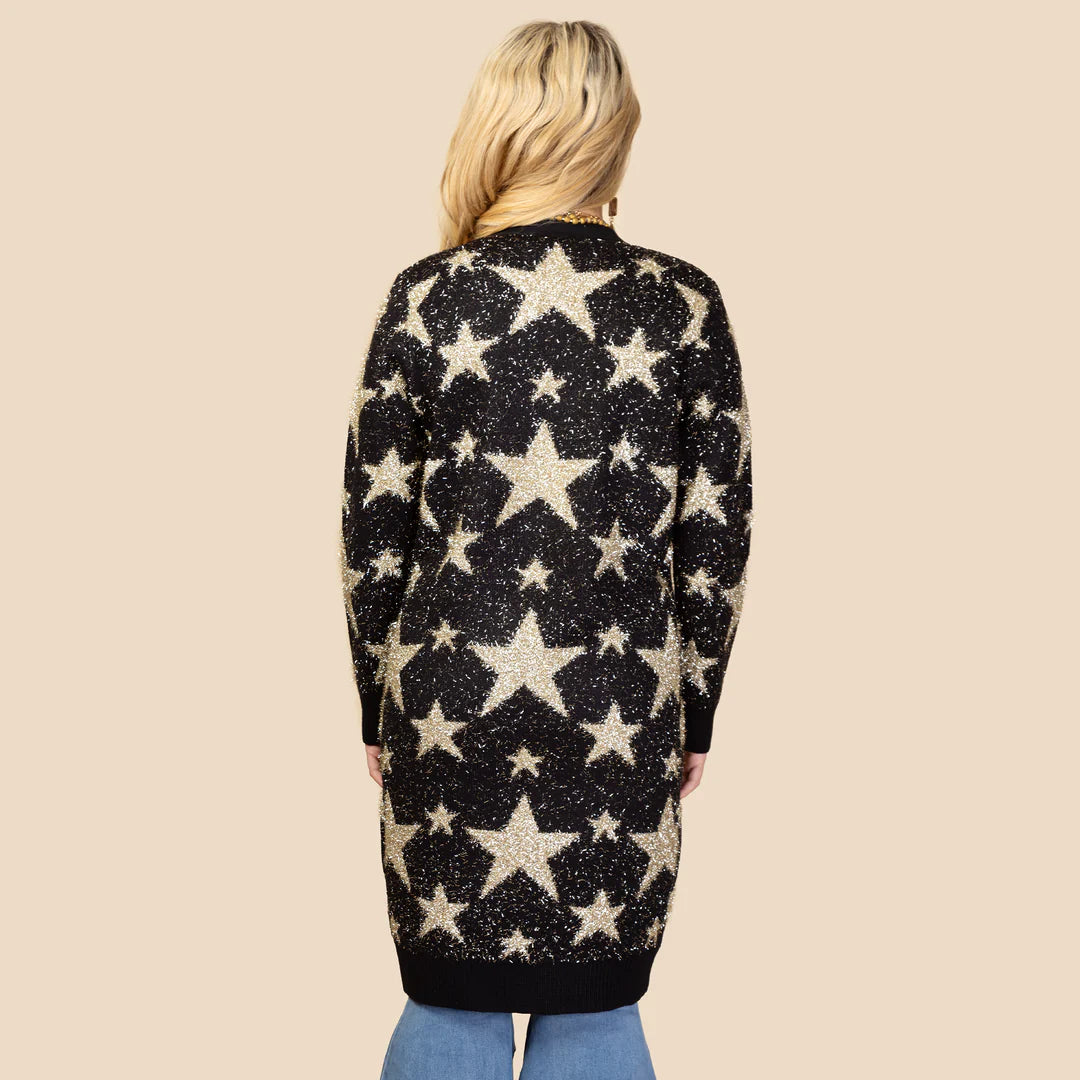 Fuzzy Gold Star Black Cardigan