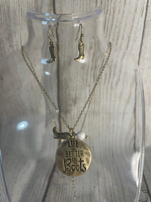 Gold "Life is Better with Boots" Necklace with Gold Cowboy Boot Earrings