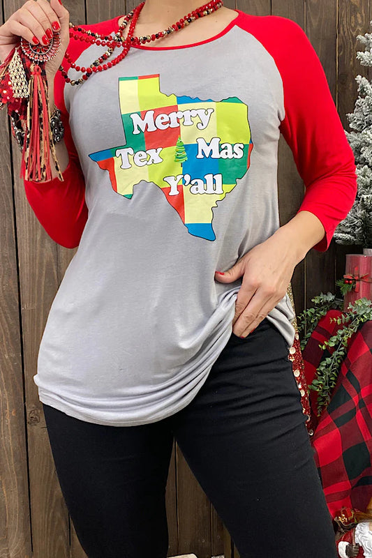 Grey and Red 3/4 Sleeve "Merry Texmas Yall" Shirt