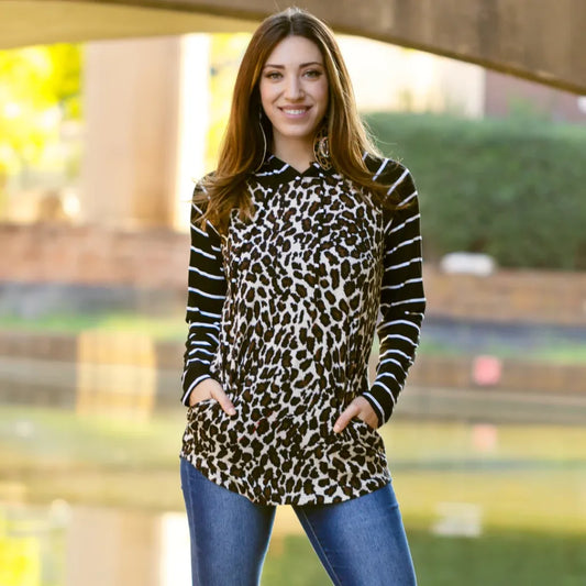 Leopard Hoodie with striped sleeves