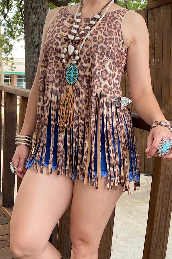 Leopard tank top w/fringe tassels