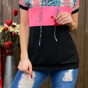 Multi color snake skin printed color block hoodie top