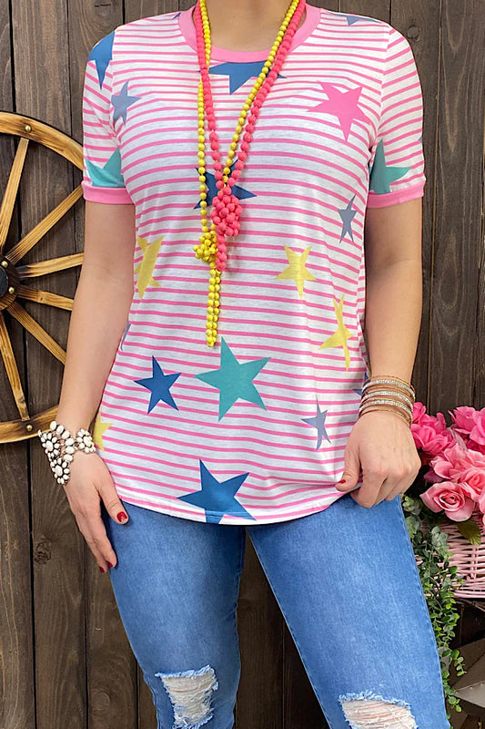 Pink/white star printed short sleeve top