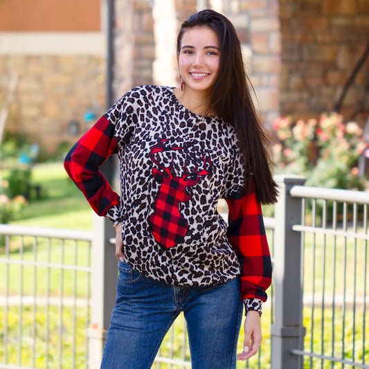 Plaid and Leopard, Long Sleeve with Deer