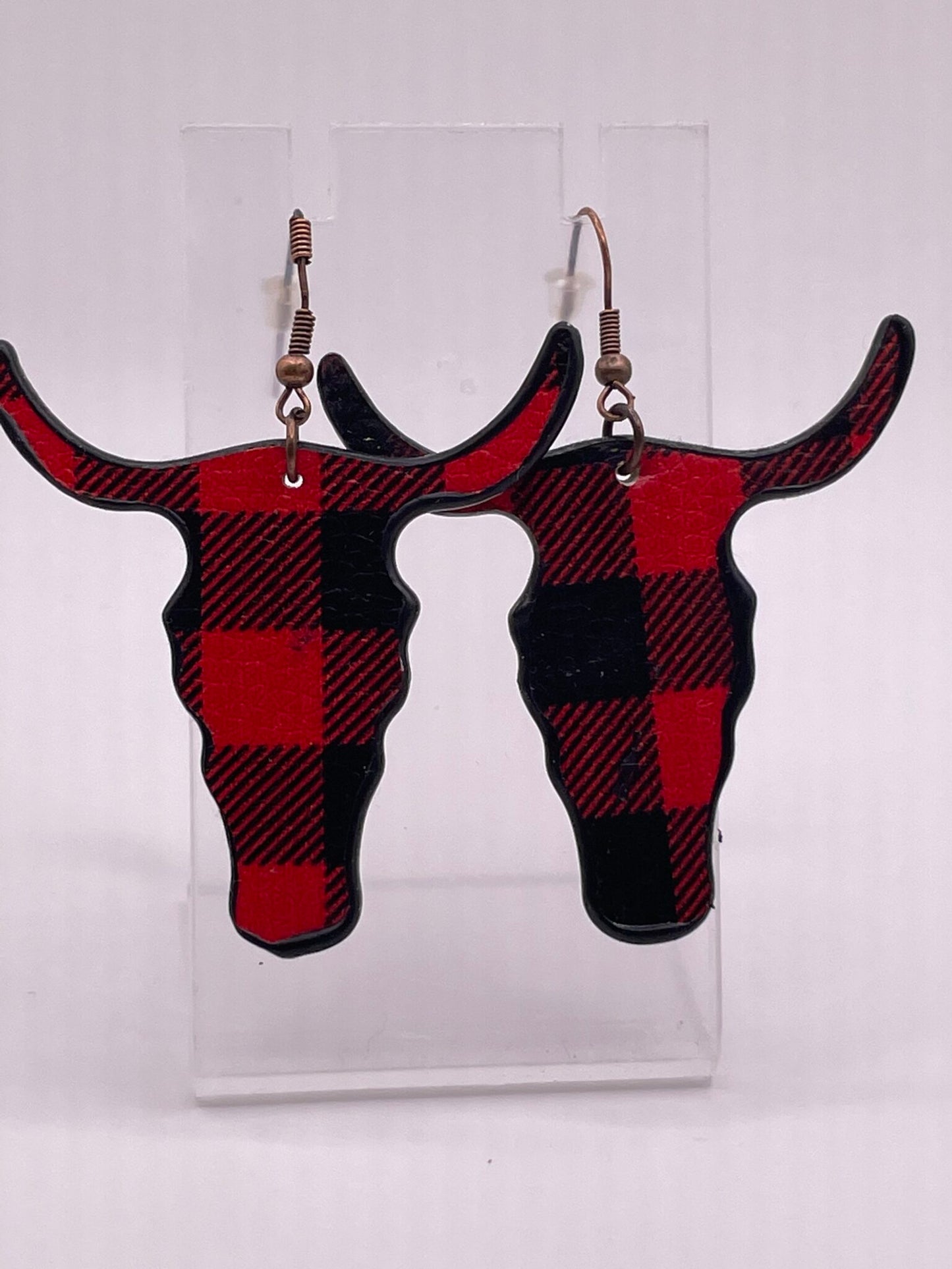 Red and Black Plaid Cow Skull Dangle Earrings