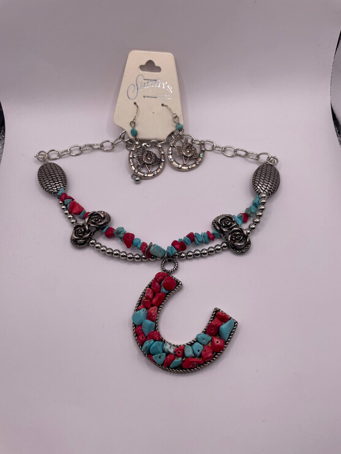 Red and Turquoise Stone with Horseshoe and Matching Earrings