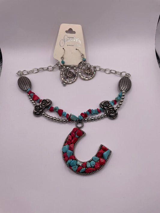 Red and Turquoise Stone with Horseshoe and Matching Earrings