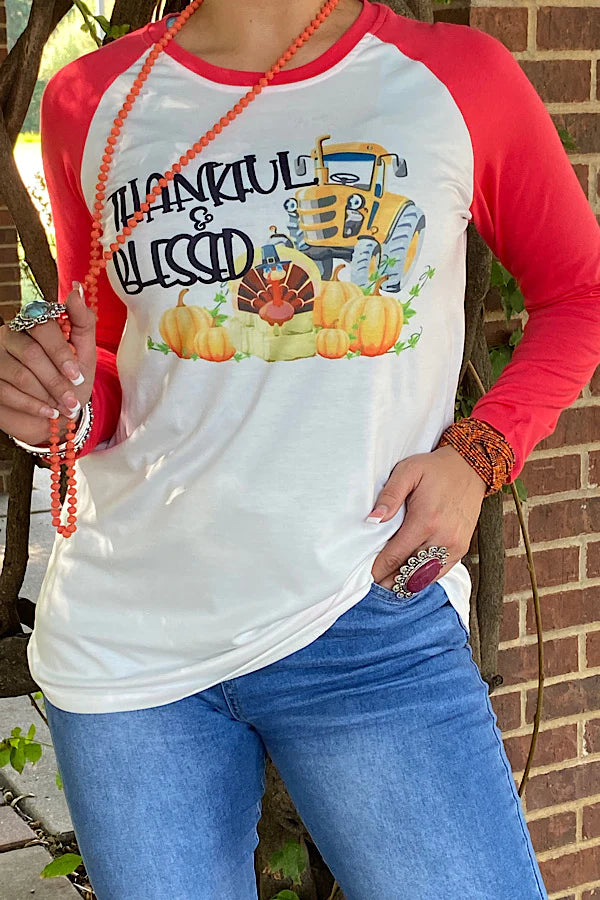 Red and White "Thankful and Blessed" Long Sleeve Shirt